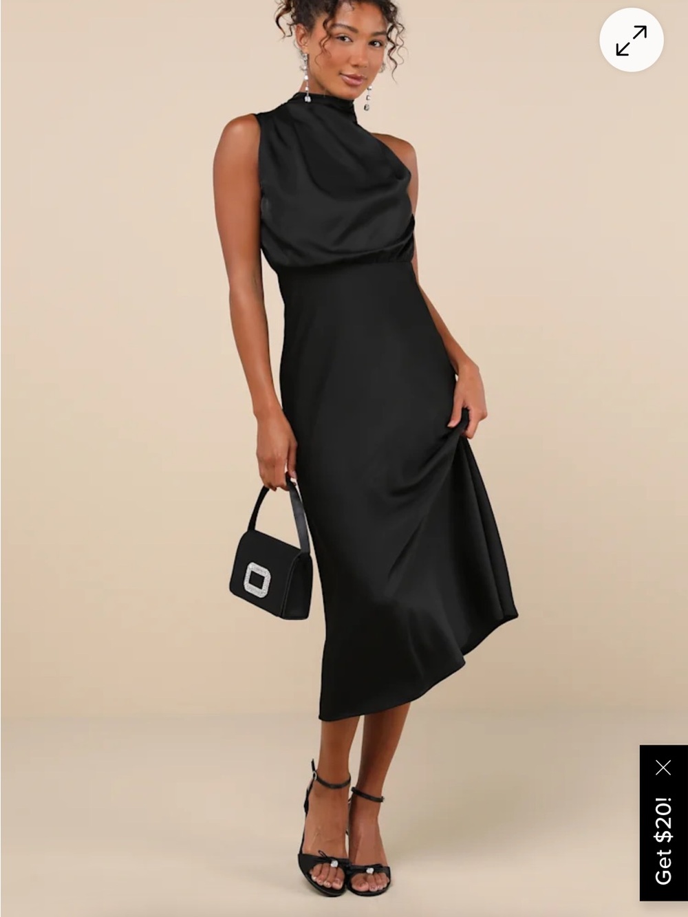 Lulu's Distinctive Charm Black Satin Asymmetrical Midi Dress Medium